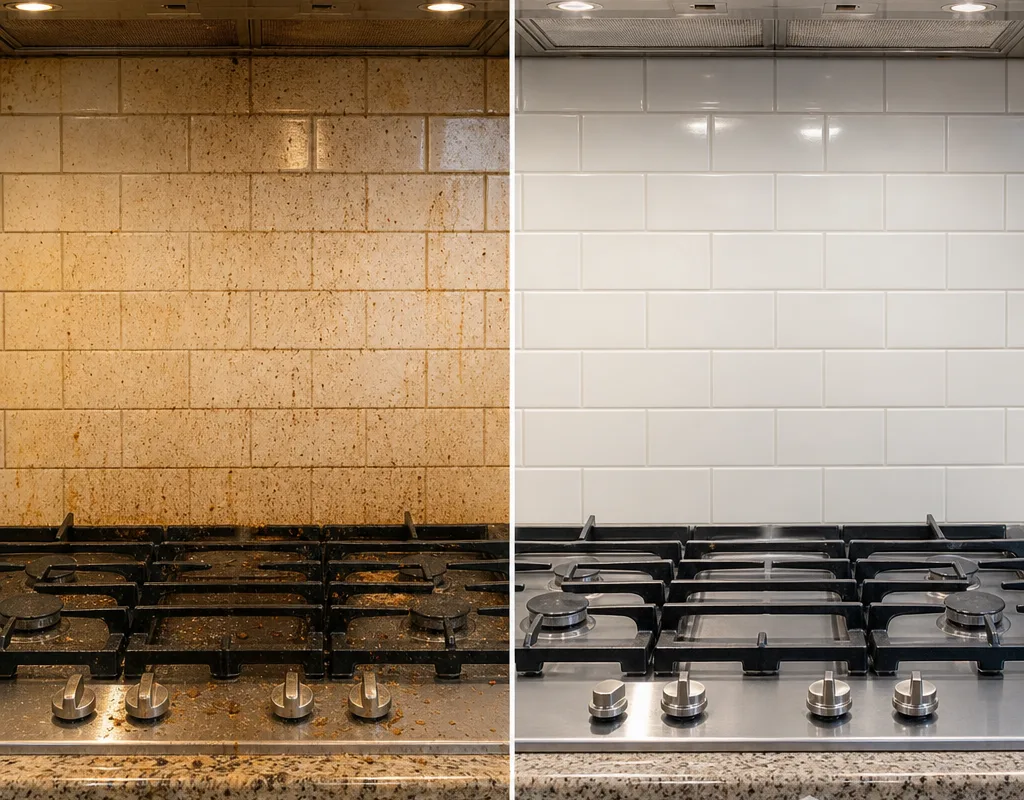 Before and after view of a stovetop and backsplash with grease residue removed