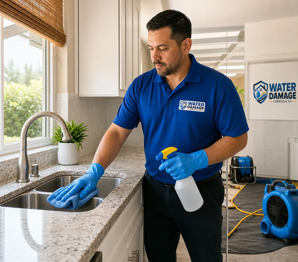 Cleaning technician wiping a kitchen counter and sink in a bright Temecula home