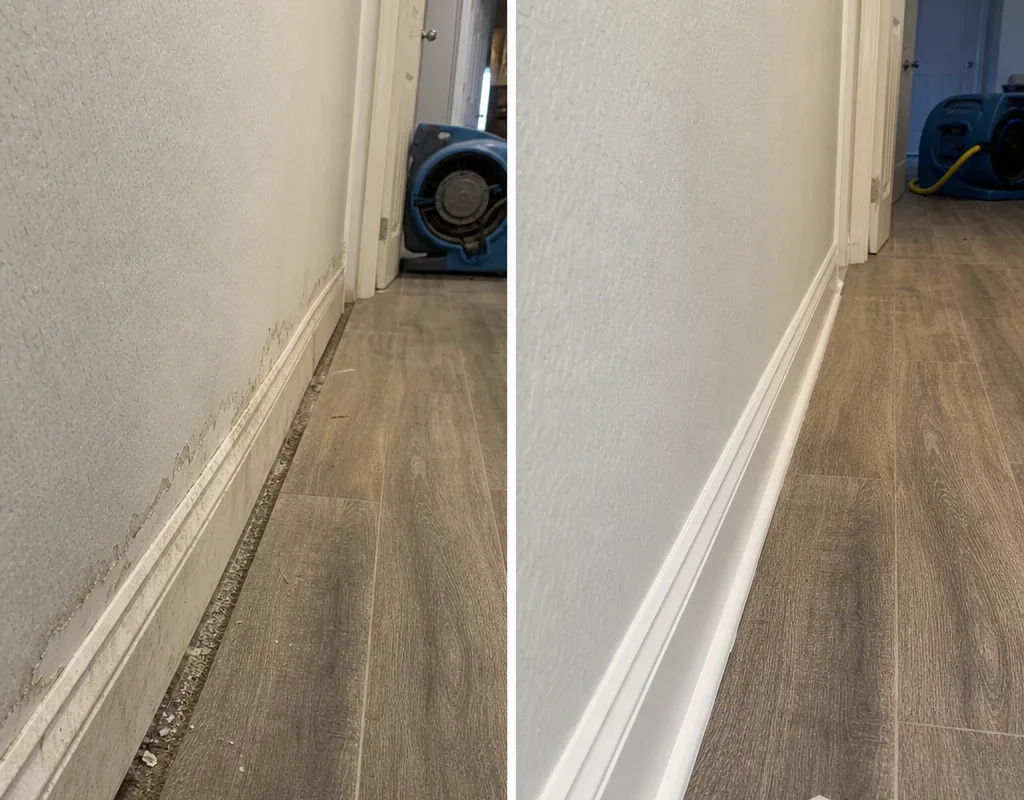 Before and after comparison of baseboards and a hallway floor edge with the dust line removed