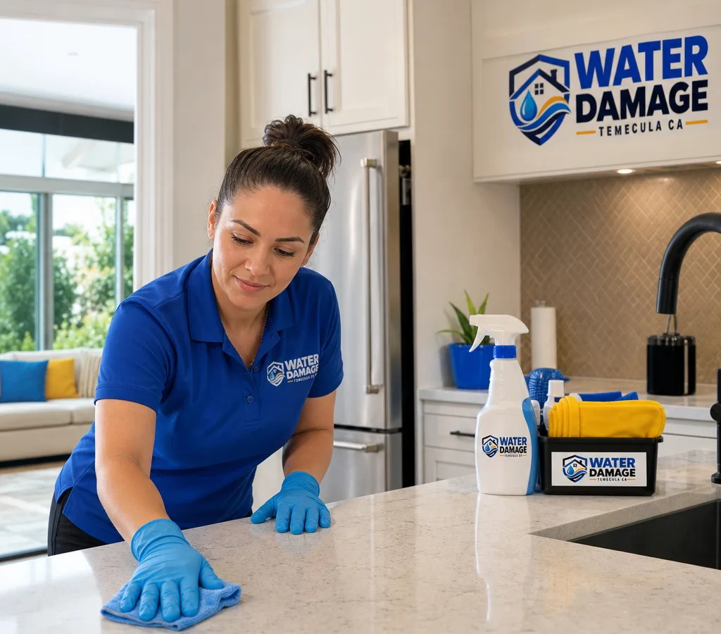 Cleaner wiping a bright Temecula kitchen counter with supplies neatly staged