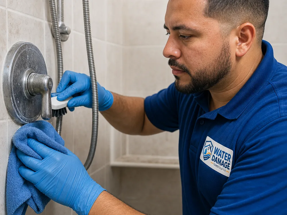 Cleaner detailing a shower fixture and tile grout with a brush and microfiber cloth