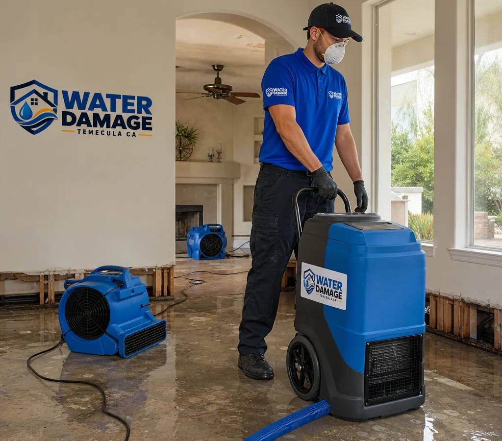 Technician operating commercial dehumidification and air-moving equipment in a Temecula home with wet flooring and baseboards