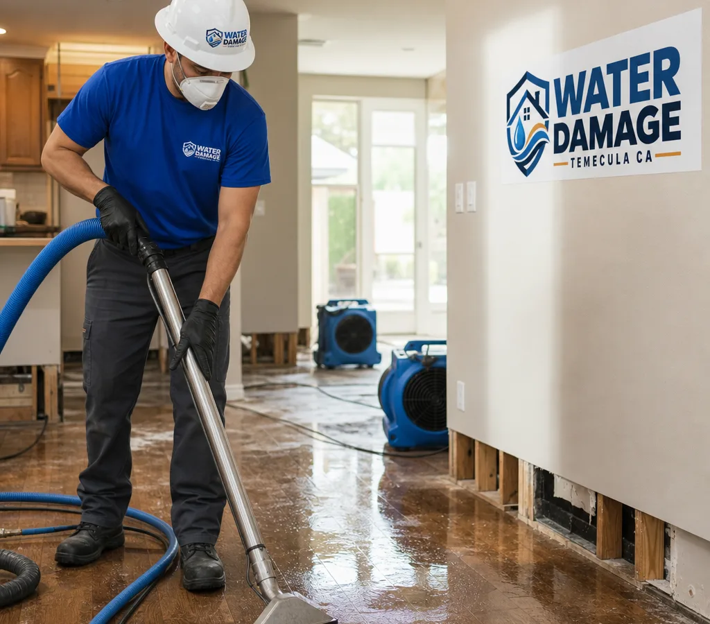 Technician using water extraction equipment in a Temecula home with drying fans staged nearby