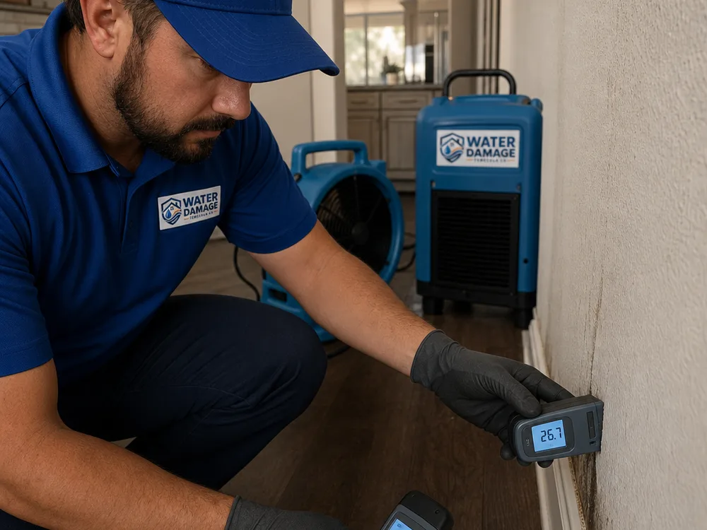 Moisture meter readings on drywall and baseboard near professional drying equipment