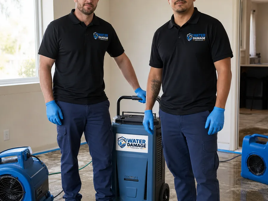 Two-person Temecula restoration crew beside air movers and a dehumidifier